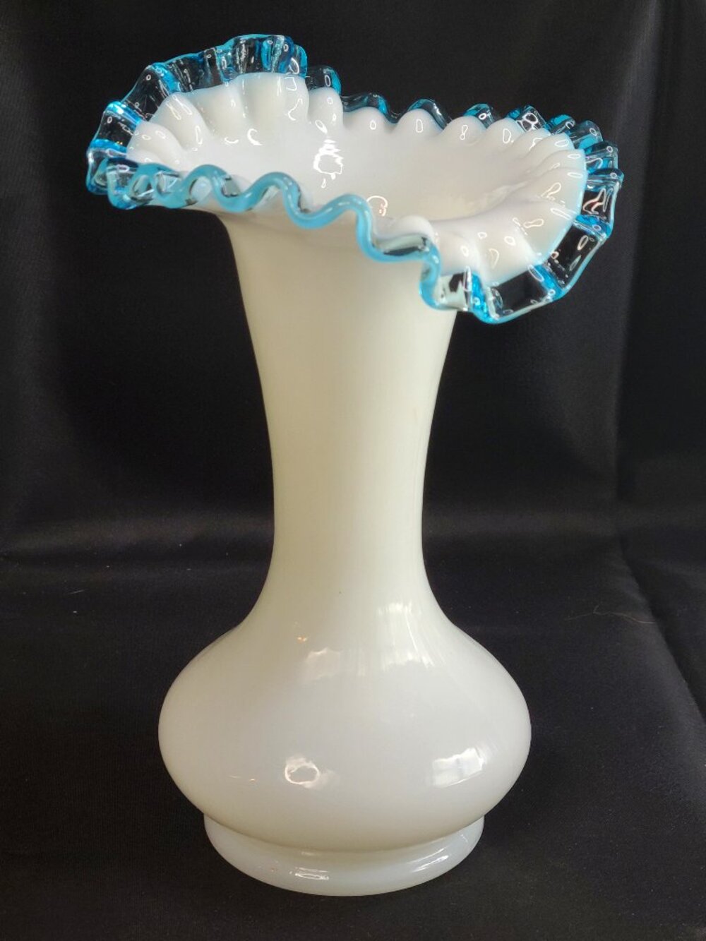 Vintage Fenton Aqua Crest Milk Glass Vase Crimped Blue Edges Vase 8.5"